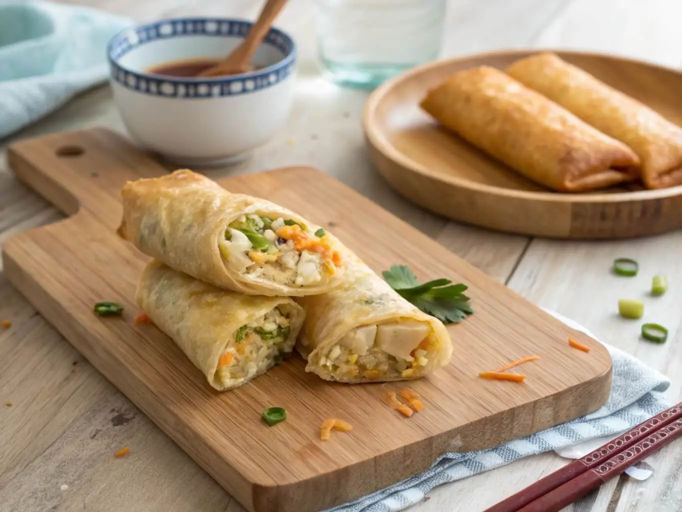 A visual comparison of properly sealed eggrolls versus loosely wrapped eggrolls to highlight the importance of technique.