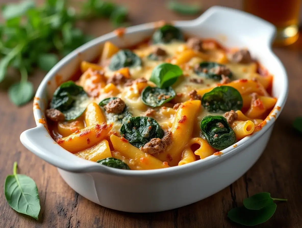 Vegetarian baked rigatoni with mushrooms and spinach