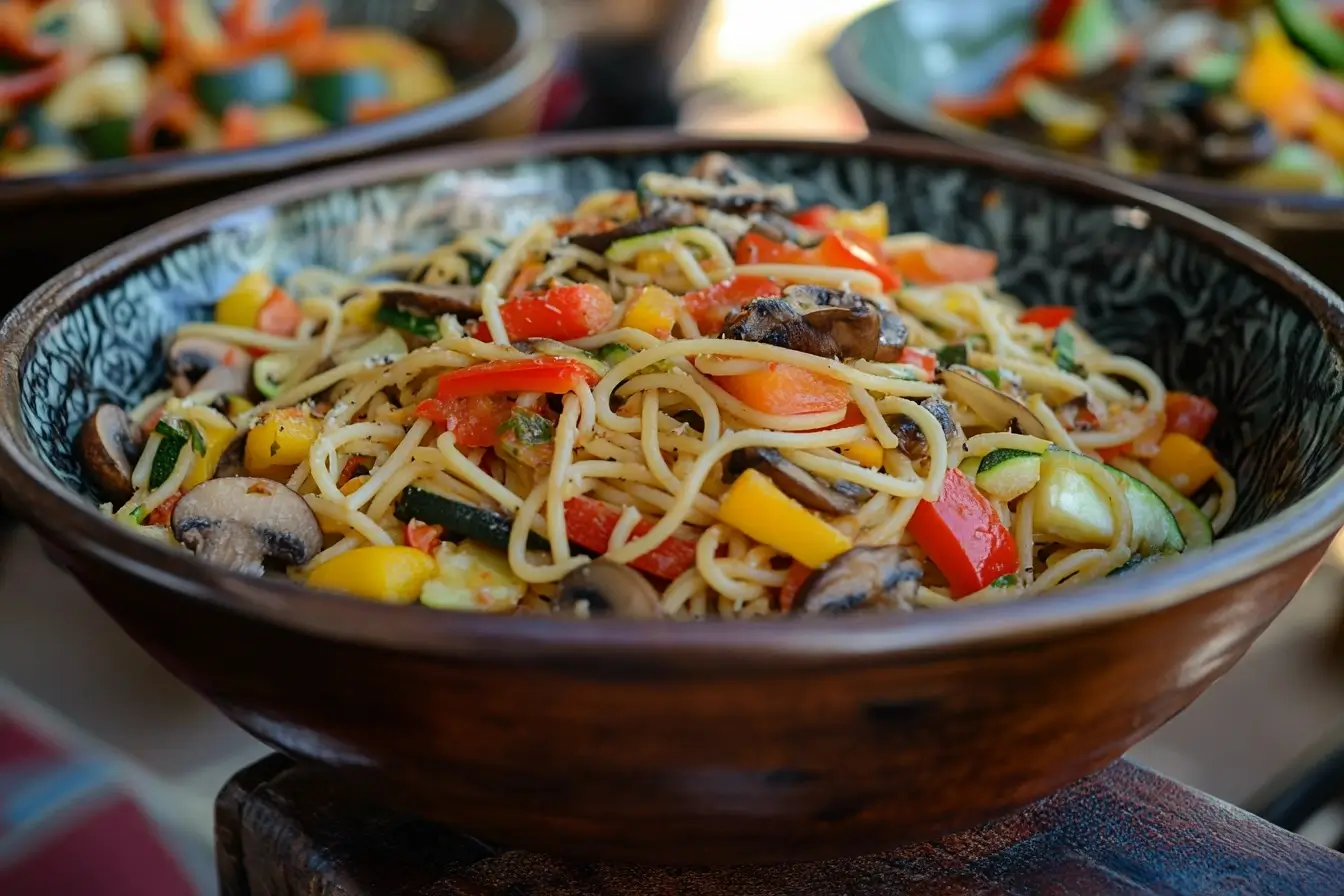 Crockpot spaghetti with vegetables like zucchini, bell peppers, and mushrooms.