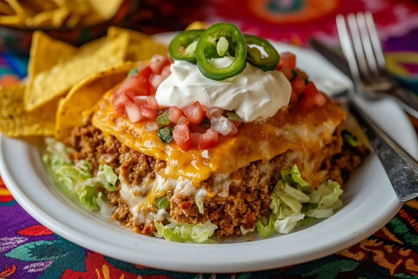 Walking Taco Casserole Served On A Plate