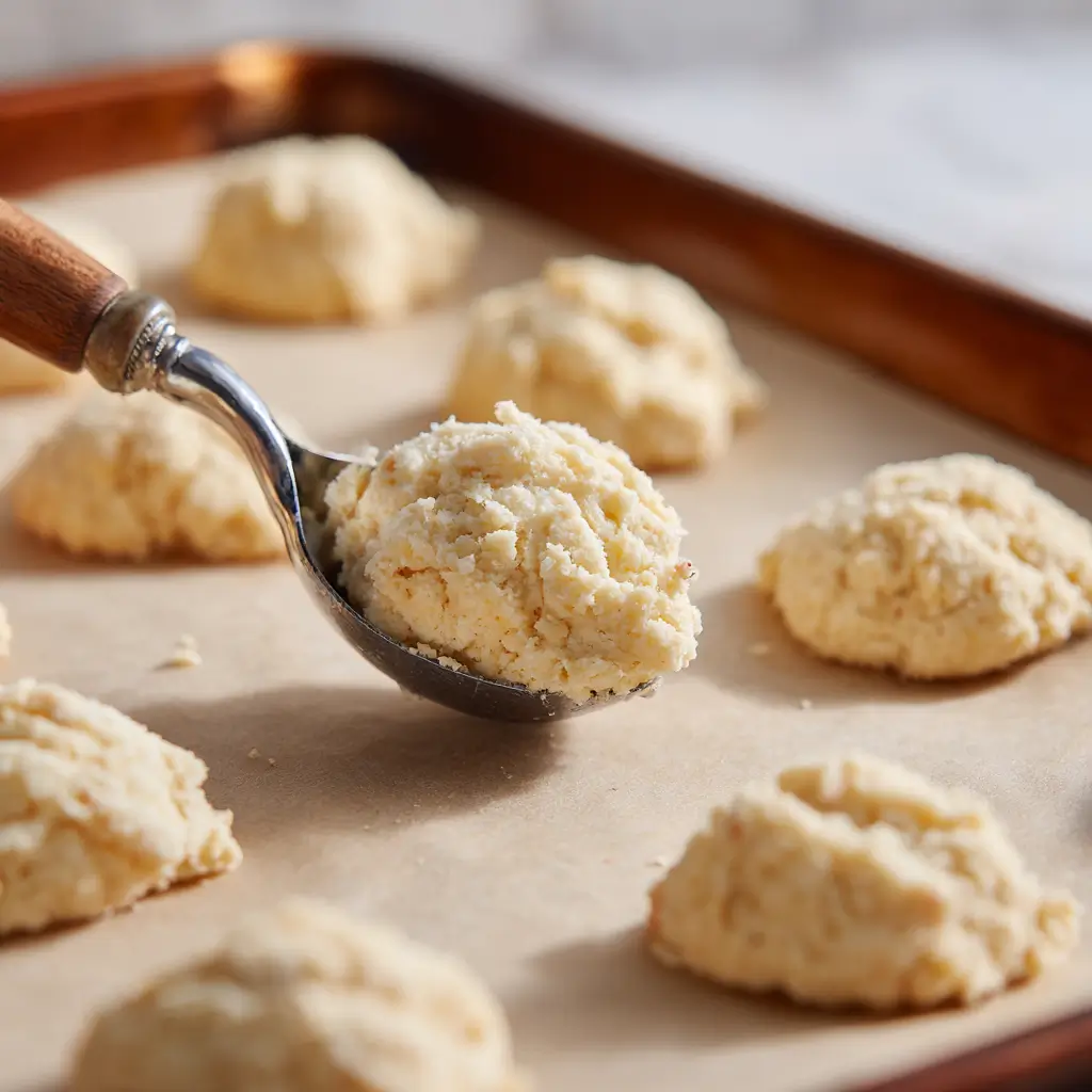 Scooping sour cream cookie dough onto a baking tray