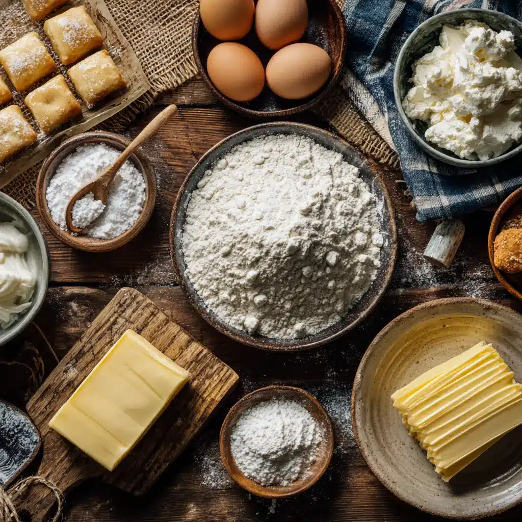 Baking ingredients for sour cream cookies on a wooden surface