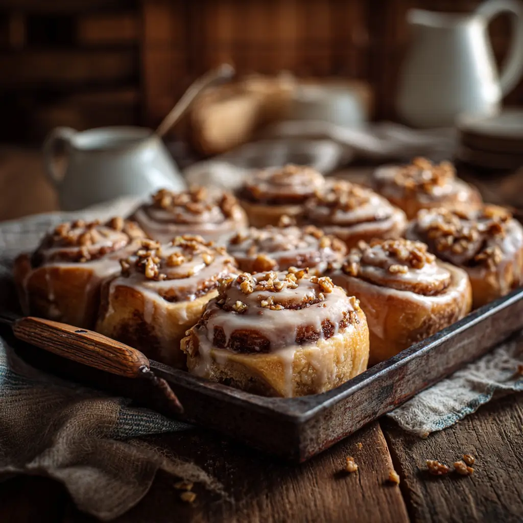 Freshly baked carrot cake cinnamon rolls in rustic kitchen