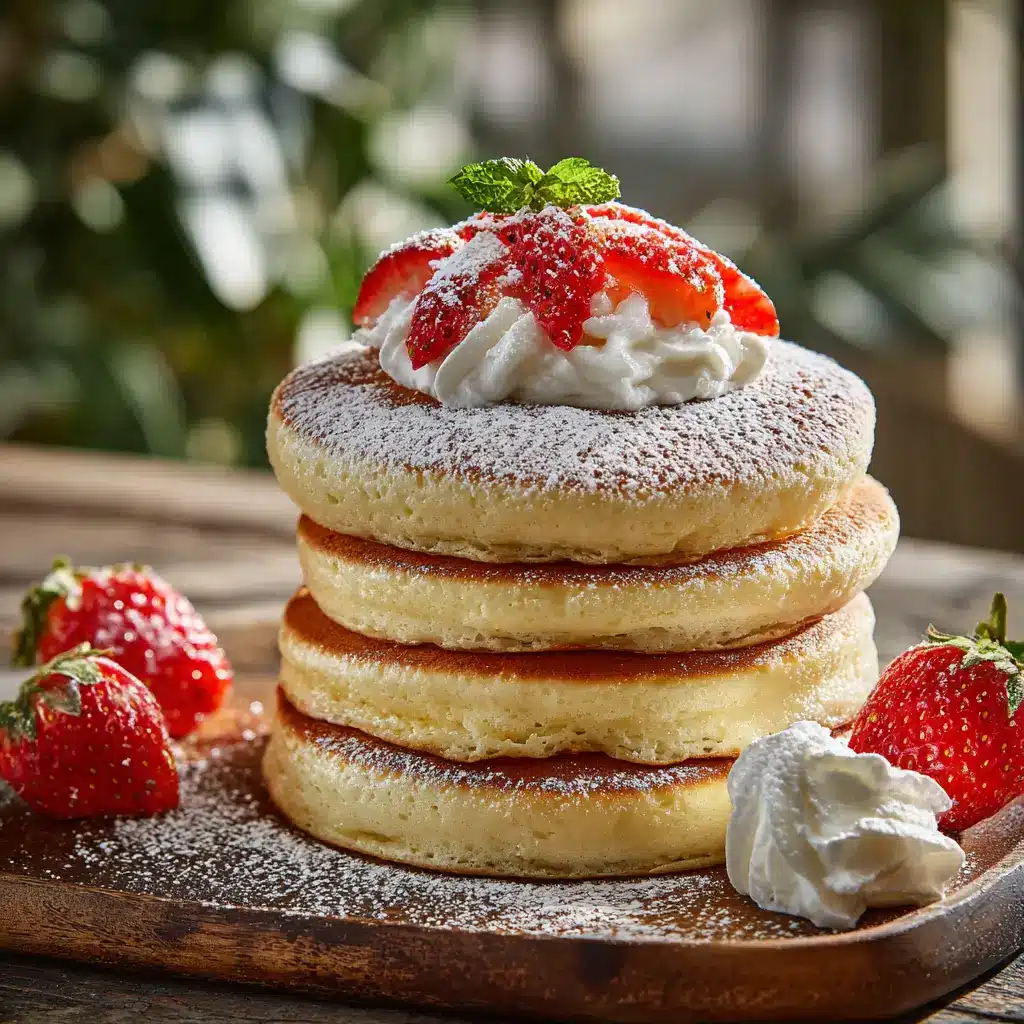 Japanese Fluffy Pancakes Recipe stack with strawberries and cream