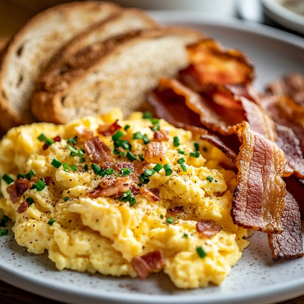 Homemade Breakfast Plate With Scrambled Eggs, Crispy Bacon, And Toast,