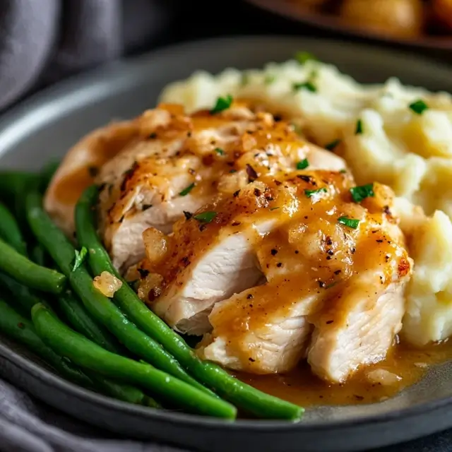 Homemade Dinner Plate With Roasted Chicken, Mashed Potatoes, And Green Beans,