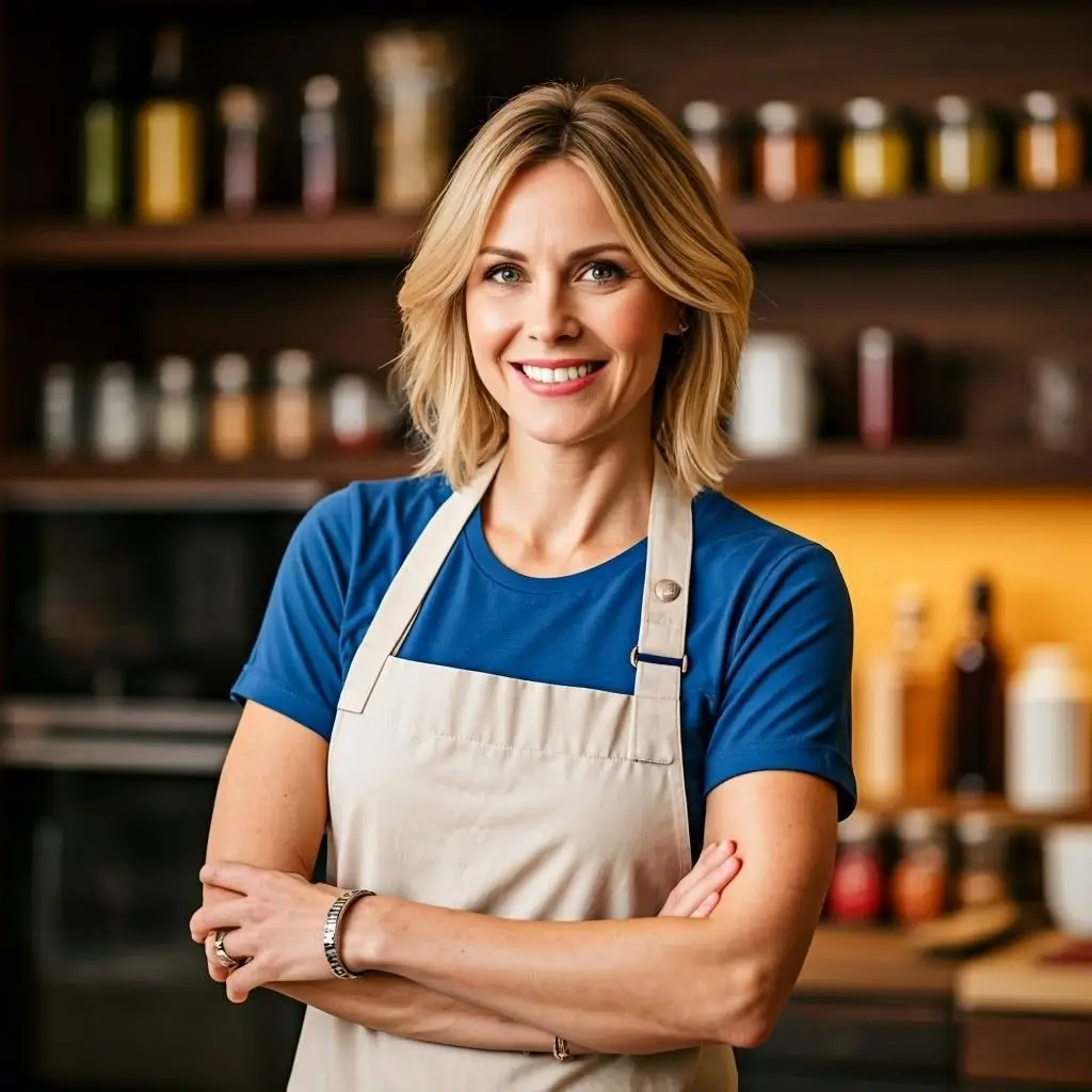 Smiling woman in apron standing in kitchen — Beck from Simpled Recipes