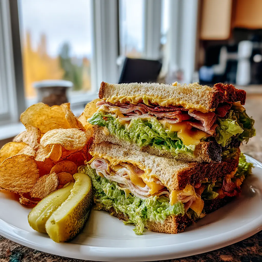 Stacked sandwich with lettuce, ham, and cheese served with potato chips and pickles