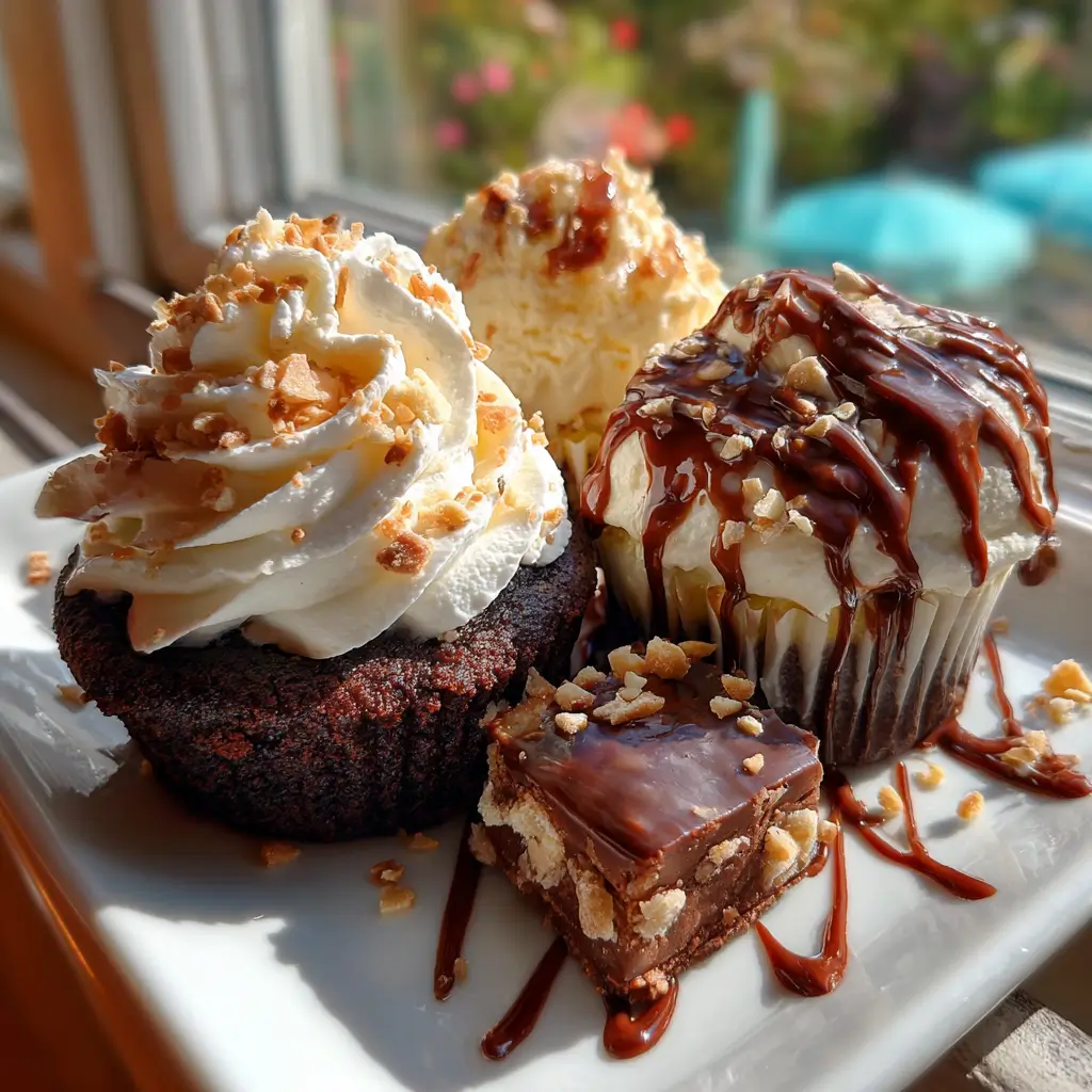 Plate with chocolate cupcake, ice cream, cheesecake, and a fudge square topped with whipped cream and chocolate drizzle