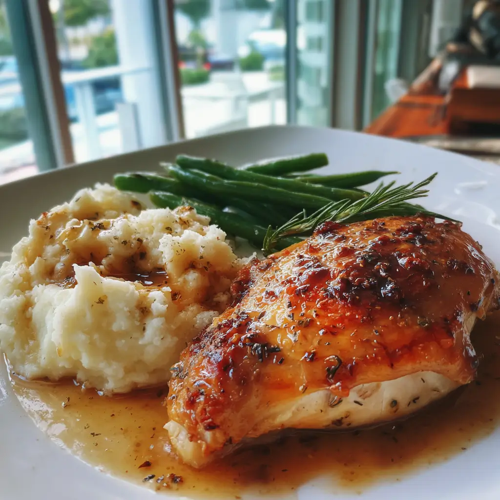 Plate with roasted chicken breast, mashed potatoes with gravy, and green beans
