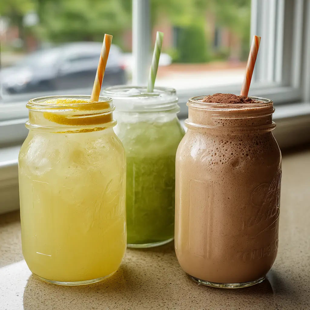 Three mason jar drinks with lemonade, green iced tea, and chocolate smoothie near a window