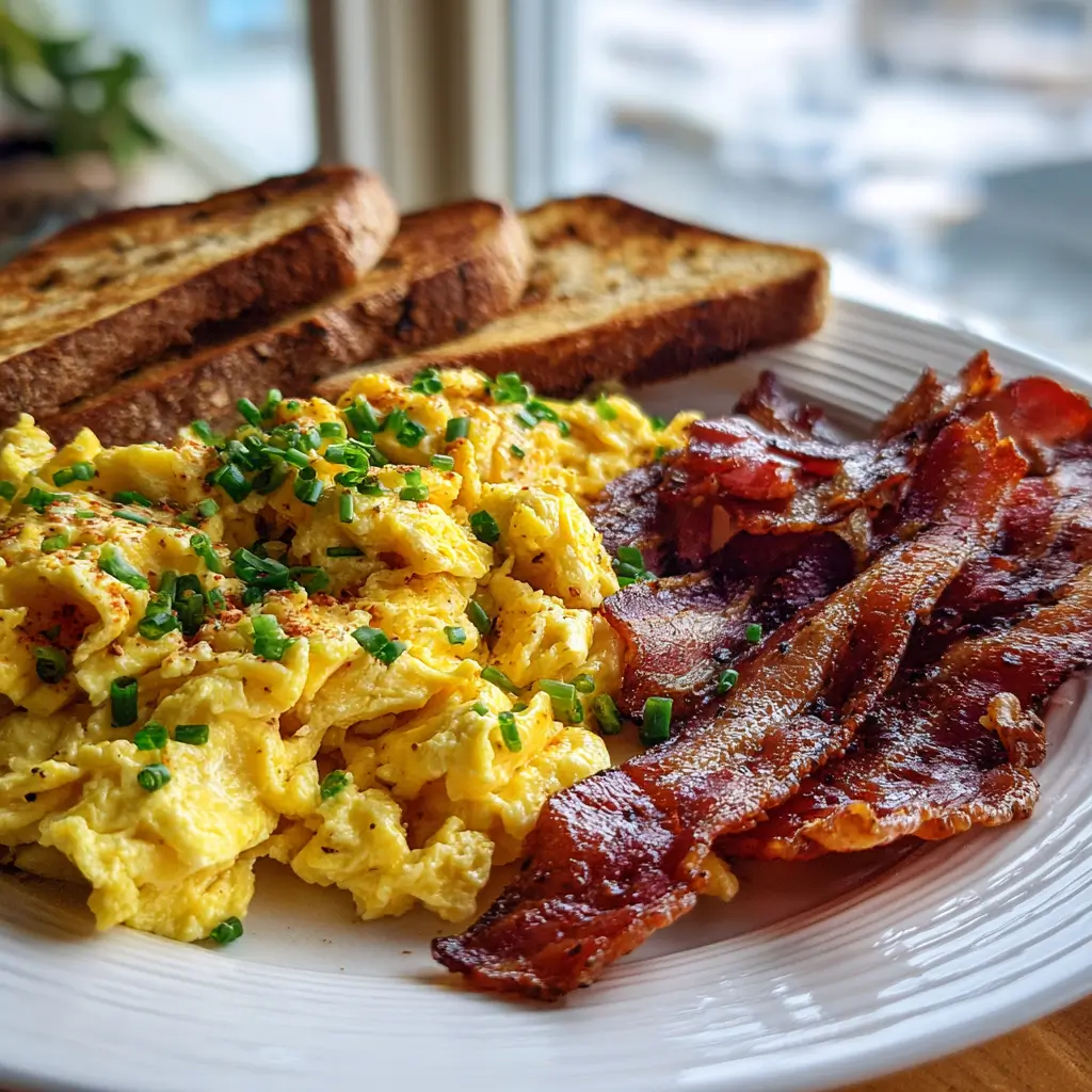Scrambled eggs with bacon and toast on a white plate by the window